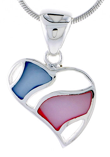 Sterling Silver Heart Pink & Blue Mother of Pearl Inlay Pendant, 5/8" (16 mm) tall 