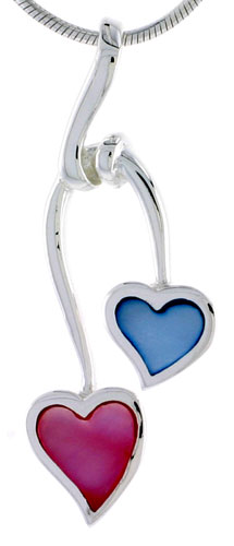 Sterling Silver Double Heart Pink & Blue Mother of Pearl Inlay Pendant, 1 7/16" (36 mm) tall 