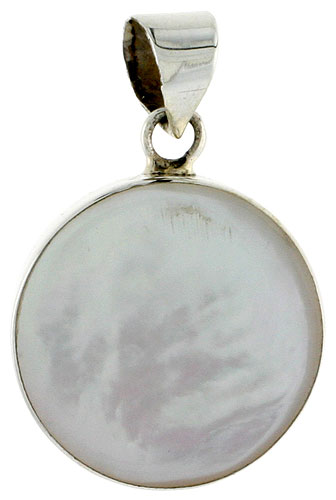 Sterling Silver Round Mother of Pearl Inlay Pendant, 3/4" (20 mm) tall 