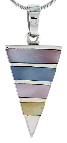 Sterling Silver Triangular Pink, Blue & Light Yellow Mother of Pearl Inlay Pendant, 1 1/8" (28 mm) tall