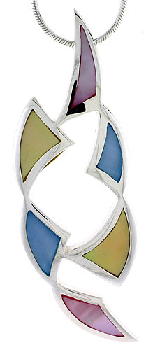 Sterling Silver Freeform Pink, Blue & Light Yellow Mother of Pearl Inlay Pendant, 2 5/16" (59 mm) tall 