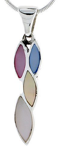 Sterling Silver Marquise-shaped Pink, Blue, Light Yellow & White Mother of Pearl Inlay Pendant, 1 3/16 (30 mm) tall 