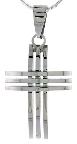 Stainless Steel 3-Bar Cross Necklace 1 1/4 inch tall, w/ 30 inch Chain