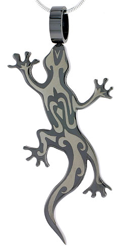 Stainless Steel Tribal Gecko Necklace 2-tone Blackened 2 inch, w/ 30 inch Chain