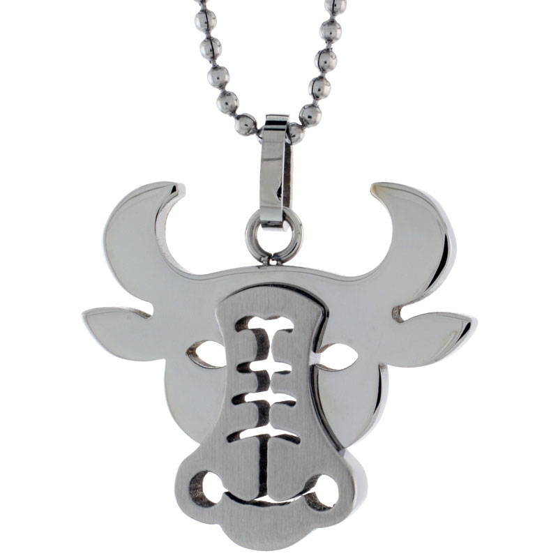 Stainless Steel Bull Head Necklace, w/ Satin Finish Center, 15/16 inch, w/ 30 inch Chain