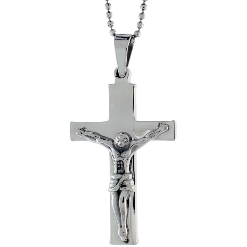Stainless Steel Plain Crucifix Necklace, 1 1/2 inch tall, w/ 30 inch Chain