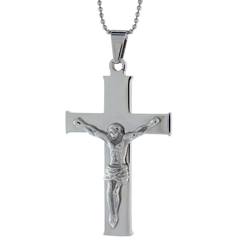 Stainless Steel Large Plain Crucifix Necklace, 2 1/16 inch tall, w/ 30 inch Chain
