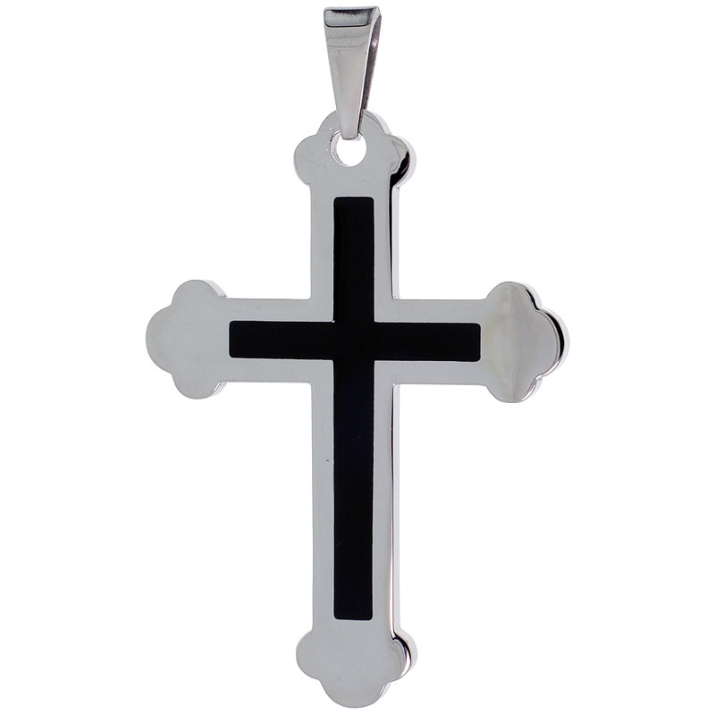 Stainless Steel Black Enameled Gothic Cross Necklace, 30 inch chain
