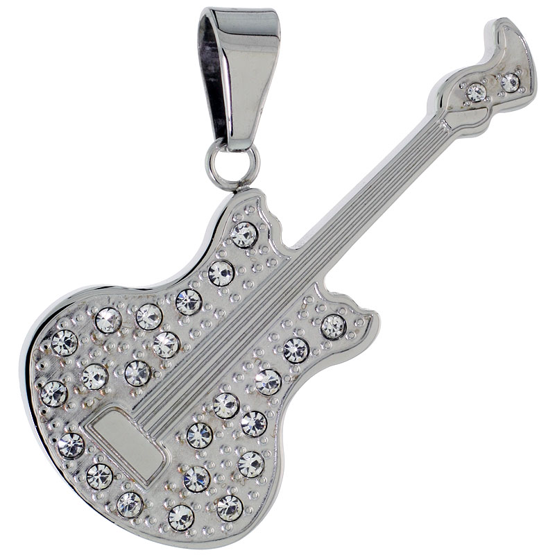 Stainless Steel Electric Guitar Necklace w/ CZ Stones, 30 inch chain