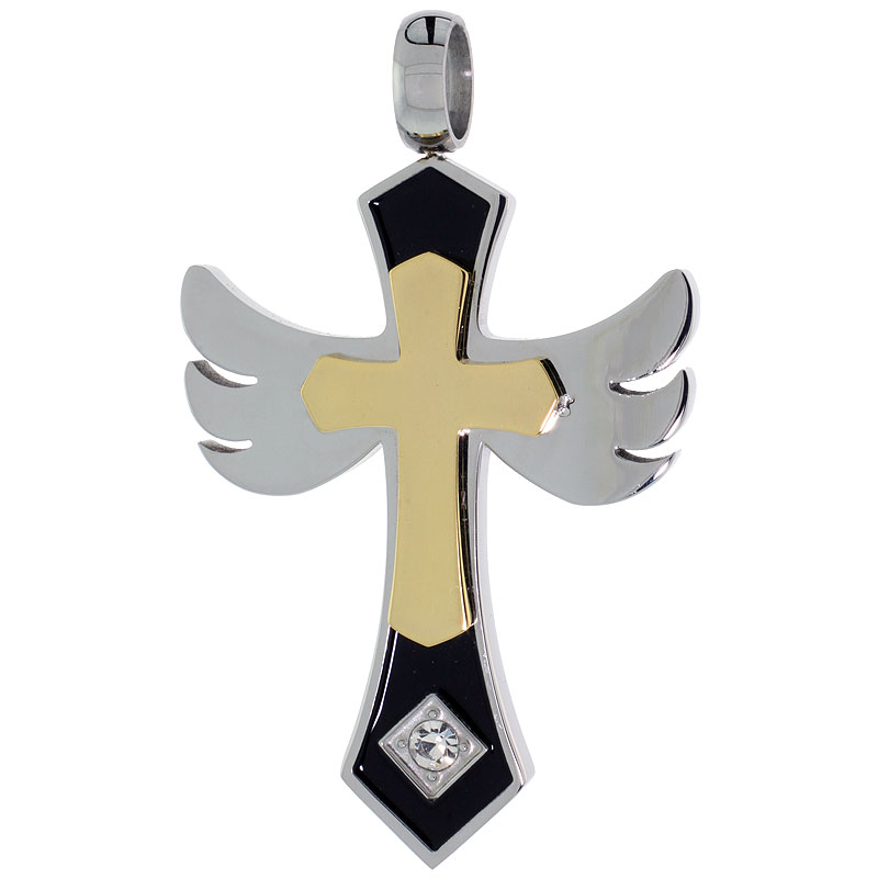 Stainless Steel Angel Wings Cross Necklace 2-Tone w/ CZ Stone, 30 inch chain