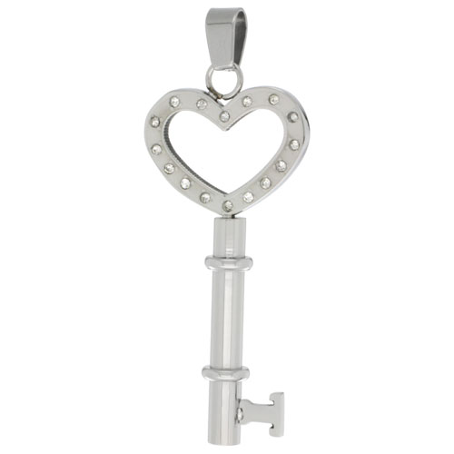 Stainless Steel Key-To-My-Heart CZ Necklace, 30 inch chain