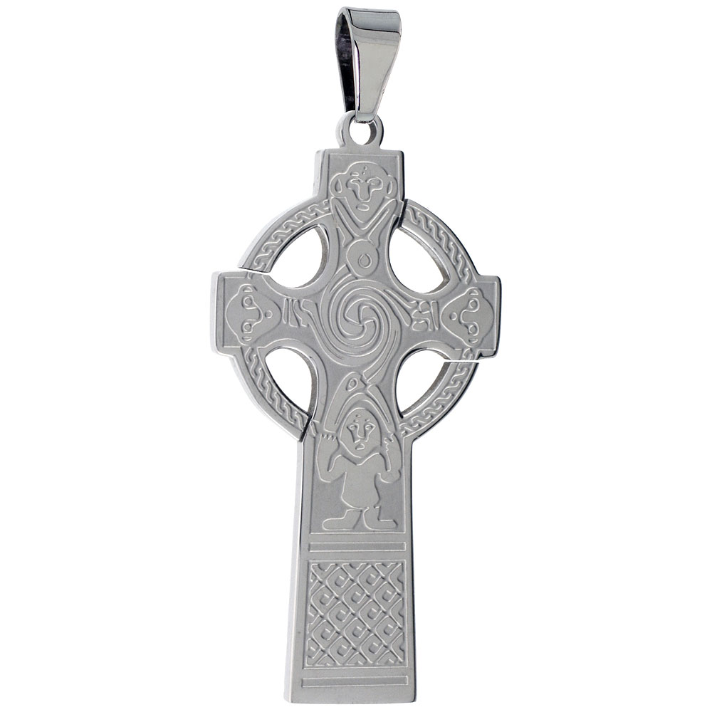 Stainless Steel Gallen Priory Celtic Cross Necklace, 2 inch tall with 30 inch chain