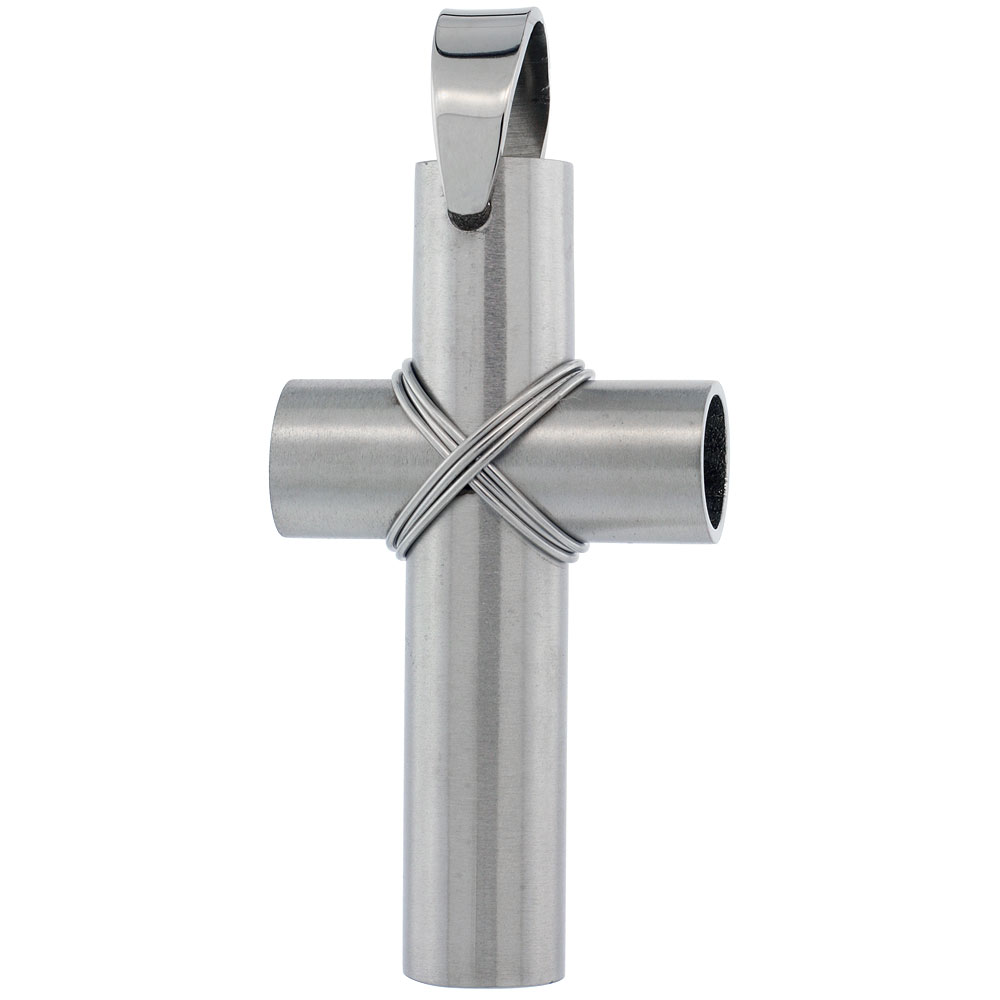 Stainless Steel Large Wire Wrapped Tube Cross Necklace, 2 inch tall with 30 inch chain