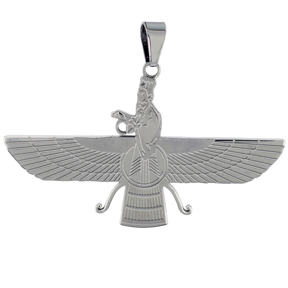 Stainless Steel Zoroastrian FARAVAHAR Necklace 2 inch wide, 30 inch chain included