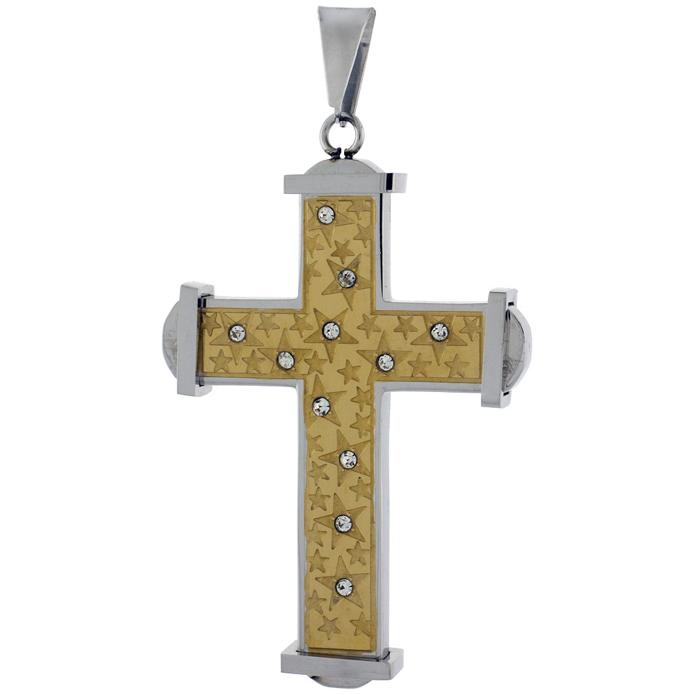 Stainless Steel Cross Necklace CZ Stones Srtars 2-tone Gold Finish, 2 inch tall with 30 inch chain