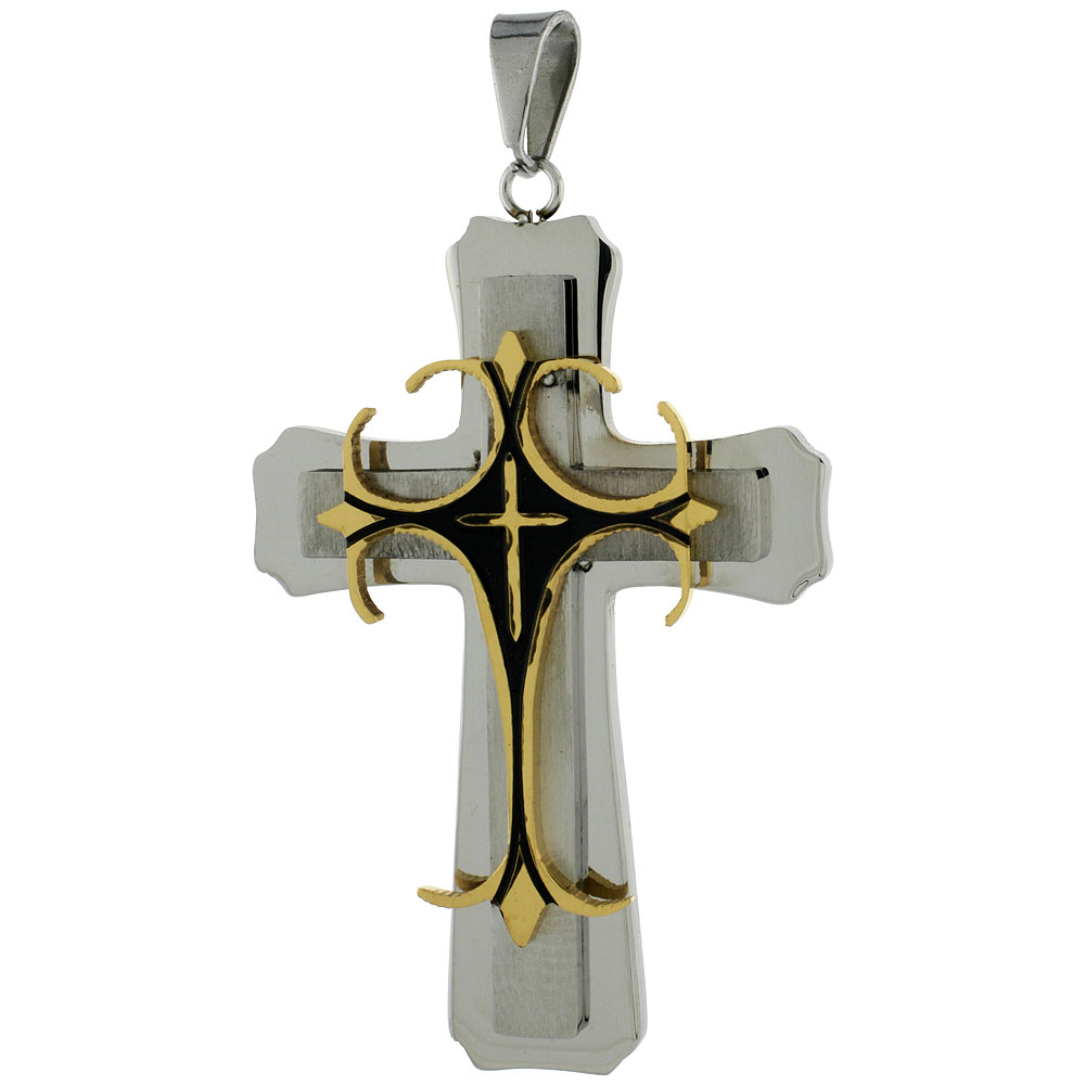 Stainless Steel Cross Fleury Necklace 2-tone Gold Finish Black Enamel, 2 1/4 inch tall with 30 inch chain