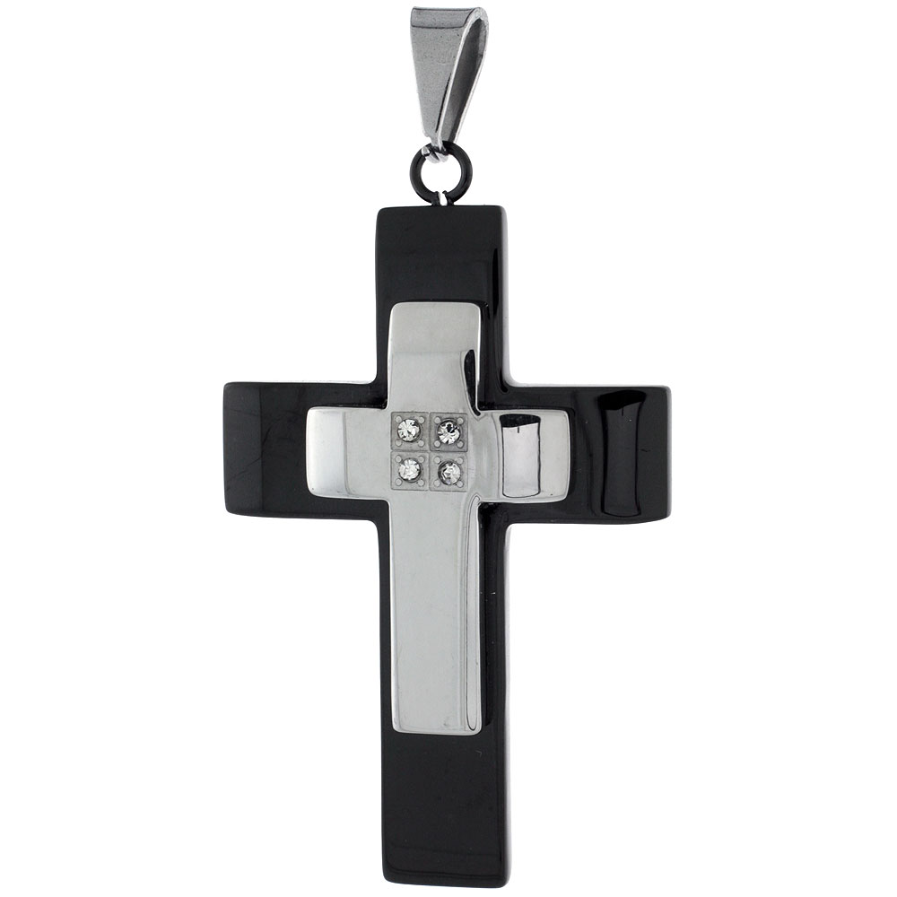 Stainless Steel Cross NecklaceCZ Stones 2-tone Gold Finish 2 inch tall, w/ 30 inch Chain 
