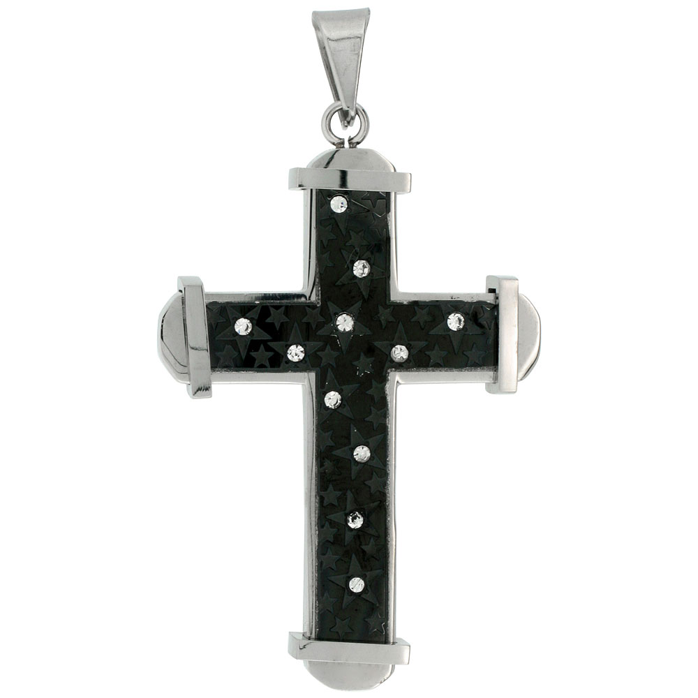 Stainless Steel Cross Necklace Stars CZ Stones 2-tone Black Finish, 2 inch tall with 30 inch chain