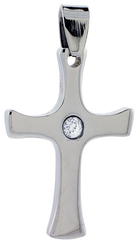 Stainless Steel Cross Necklace w/ 3 mm Crystal, 1 1/4 inch, w/ 30 inch Chain