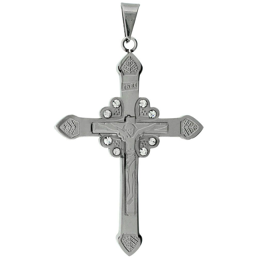 Stainless Steel Catholic Halo Crucifix Necklace CZ Stones, 2 3/16 inch tall with 30 inch chain