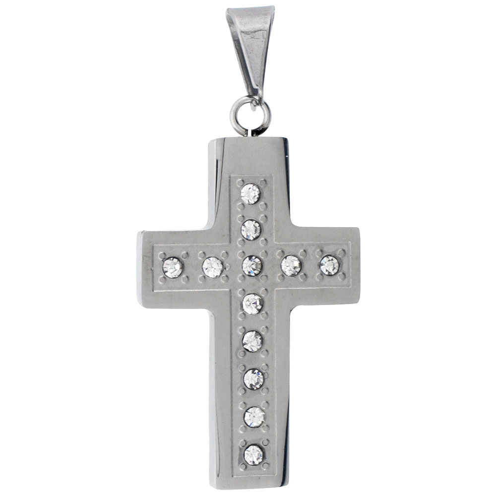 Stainless Steel Christian Cross Necklace, w/ CZ Stones, 1 1/2 inch tall with 30 inch chain