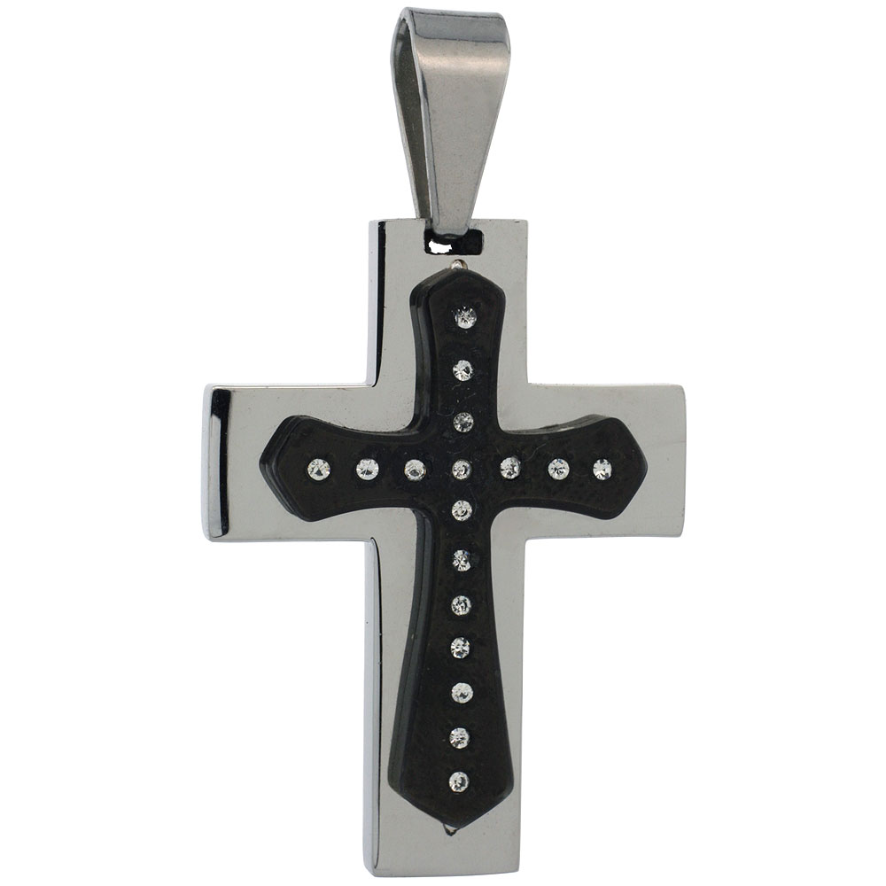 Stainless Steel Cross Necklace CZ Stones 2-tone Black Finish, 1 1/2 inch tall with 30 inch chain