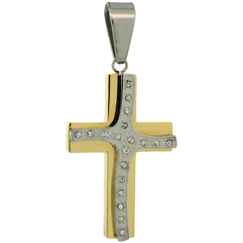 Stainless Steel Cross Necklace CZ Stones 2-tone Gold Finish, 1 3/4 inch tall with 30 inch chain