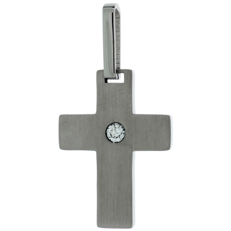 Stainless Steel Cross Necklace Matte finish CZ Center, 1 inch tall with 30 inch chain