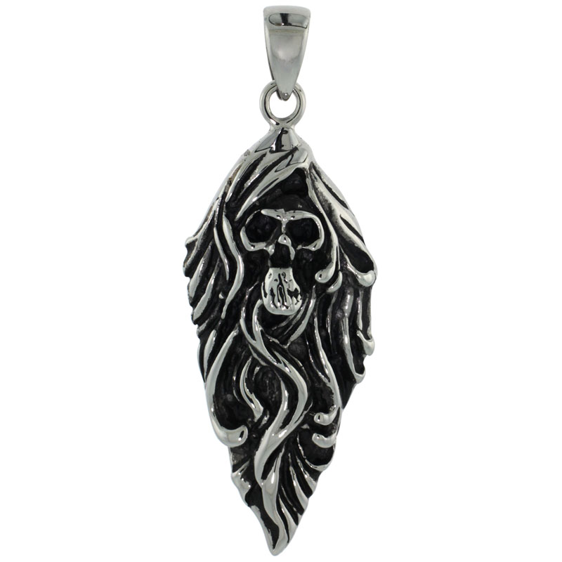 Stainless Steel Skull Biker Necklace, 1 3/4 inch tall with 30 inch chain