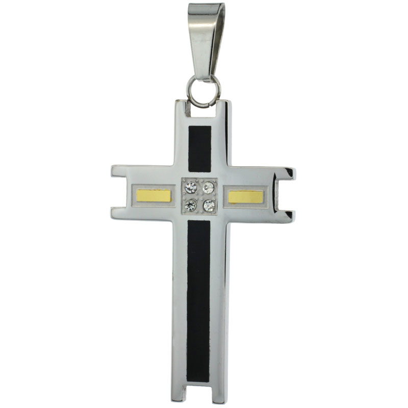 Stainless Steel Cross Necklace CZ Stones 3-color Black & Gold, 1 3/4 inch tall, w/ 30 inch Chain
