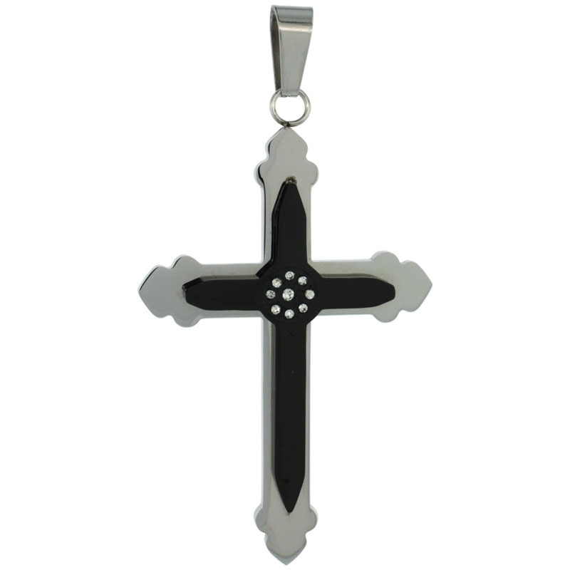 Stainless Steel Cross Necklace 2-tone Black finish, 2 1/4 inch tall, w/ 30 inch Chain