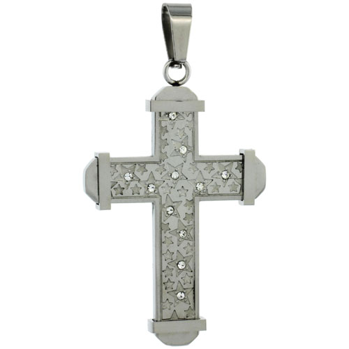 Stainless Steel Cross Necklace Stars & CZ Stones, 2 inch tall, comes w/ 30 inch Chain