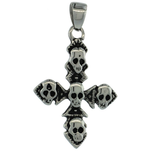 Surgical Steel Multiple Skulls on Cross Necklace 1 3/8 inch, comes w/ 30 inch Chain