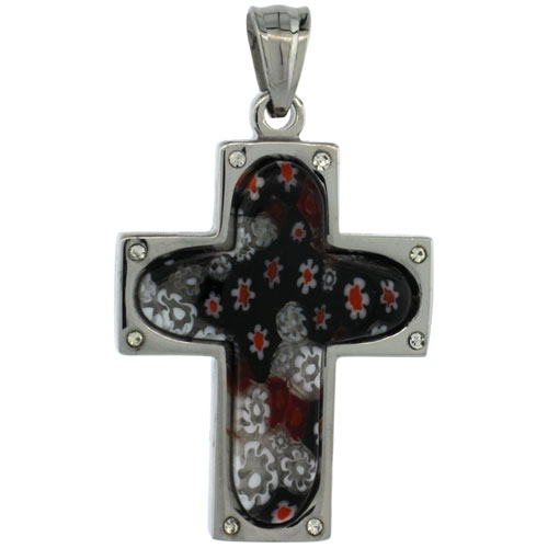 Stainless Steel Millefiori Cross Necklace, 1 1/2 inch tall, w/ 30 inch Chain