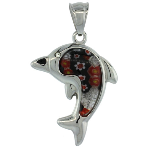 Stainless Steel Millefiori Dolphin Necklace, 1 3/16 inch tall, w/ 30 inch Chain
