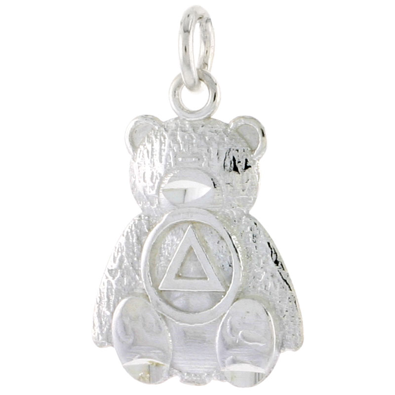 Sterling Silver Sobriety Symbol on Teddy Bear Recovery Pendant, 13/16 in. (21 mm) tall
