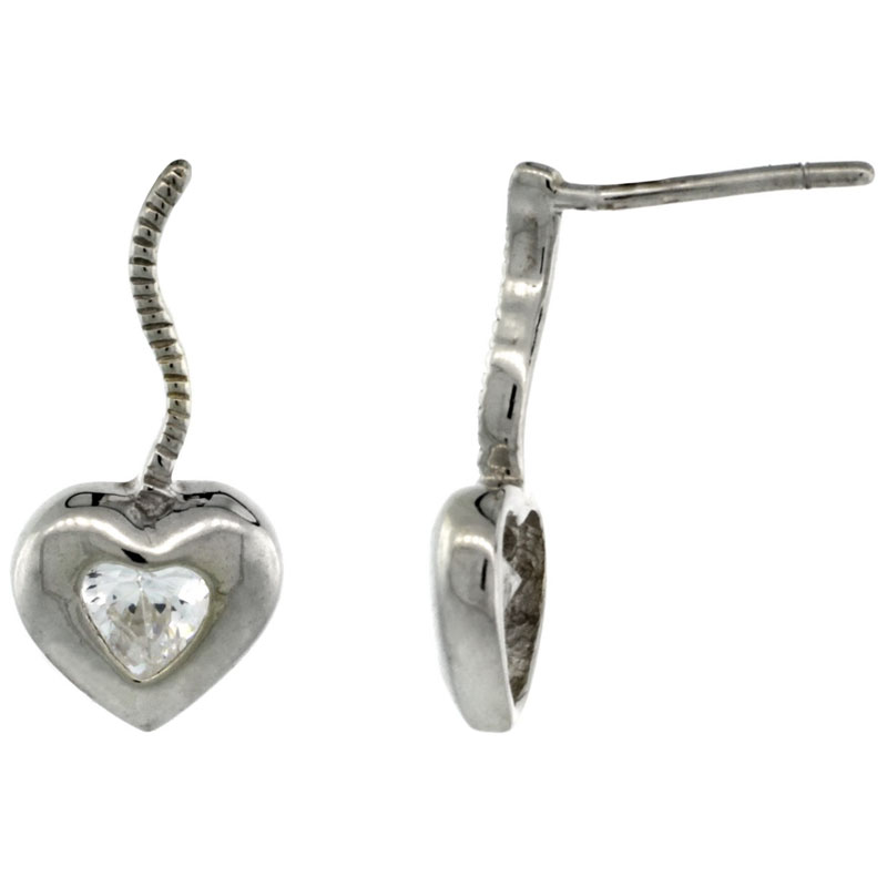 Sterling Silver CZ Heart Post Earrings 11/16 in. (17 mm) tall
