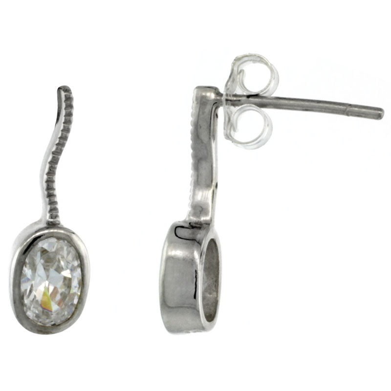 Sterling Silver Oval CZ Post Earrings 5/8 in. (16 mm) tall
