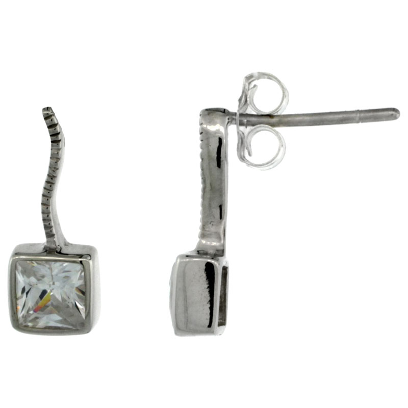 Sterling Silver Square CZ Post Earrings 9/16 in. (14 mm) tall