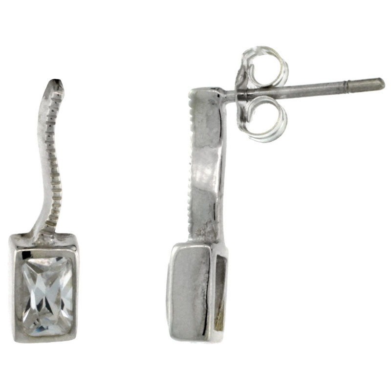 Sterling Silver Rectangular CZ Post Earrings 5/8 in. (16 mm) tall