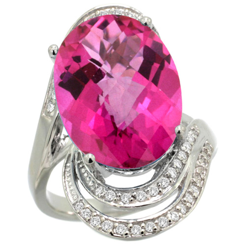 14k White Gold Natural Pink Topaz Ring 16x12 mm Oval Shape Diamond Halo, 1 in 