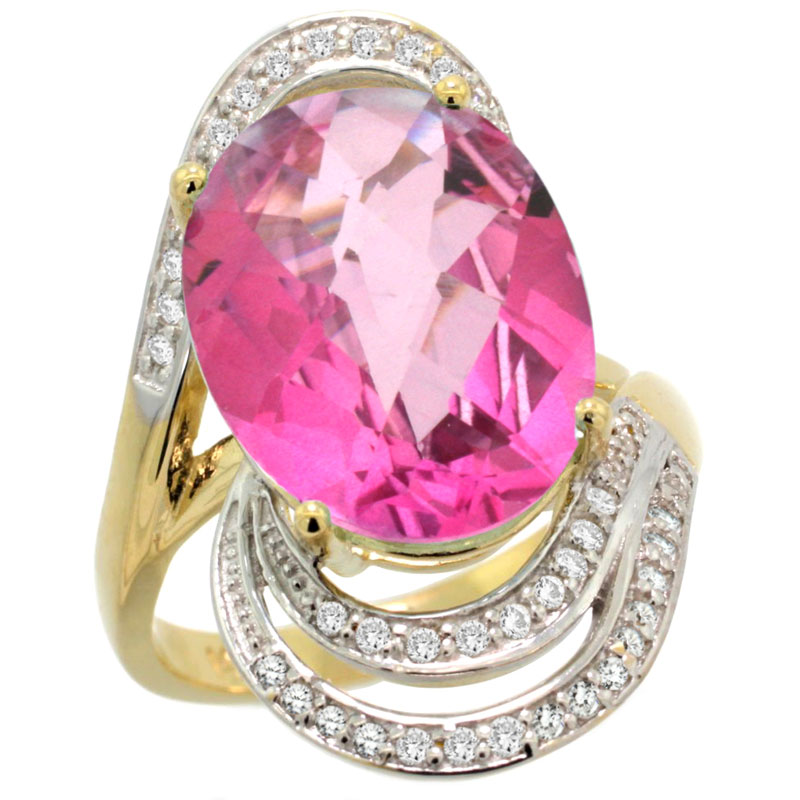14k Gold Natural Pink Topaz Ring 16x12 mm Oval Shape Diamond Halo, 1 in 