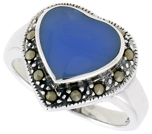Sterling Silver Oxidized Heart Ring w/ Blue Resin, 9/16" (15 mm) wide