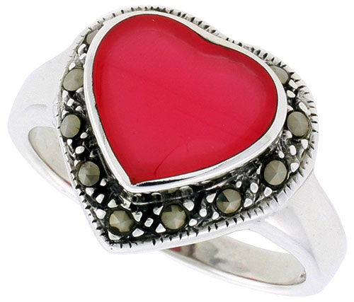 Sterling Silver Oxidized Heart Ring w/ Red Resin, 9/16" (15 mm) wide