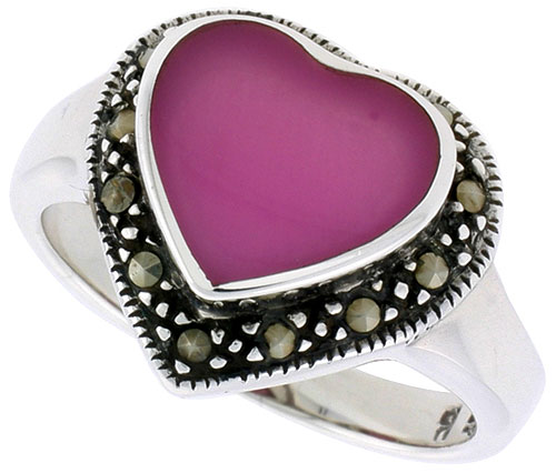 Sterling Silver Oxidized Heart Ring w/ Purple Resin, 9/16" (15 mm) wide