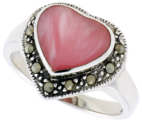 Sterling Silver Oxidized Heart Ring w/ Pink Mother of Pearl, 9/16" (15 mm) wide