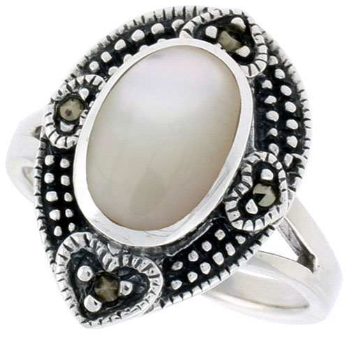 Sterling Silver Pear-shaped Ring, w/ 11 x 8 mm Oval-shaped Mother of Pearl, 3/4 inch (18 mm) wide