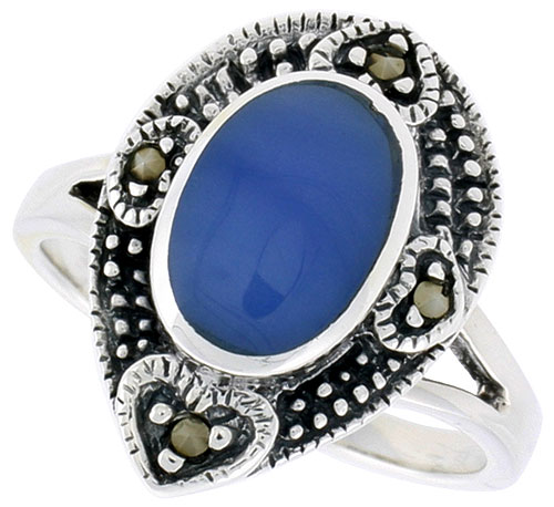 Sterling Silver Pear-shaped Ring, w/ 11 x 8 mm Oval-shaped Blue Resin, 3/4 inch (18 mm) wide