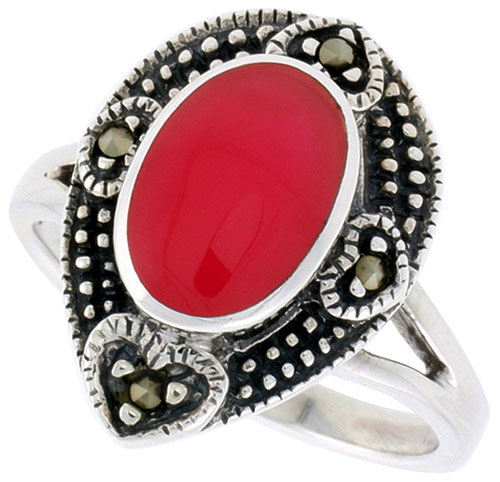 Sterling Silver Pear-shaped Ring, w/ 11 x 8 mm Oval-shaped Red Resin, 3/4 inch (18 mm) wide