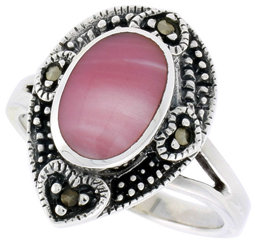 Sterling Silver Pear-shaped Ring, w/ 11 x 8 mm Oval-shaped Pink Mother of Pearl, 3/4 inch (18 mm) wide